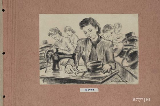 Dawid Friedmann, rysunek z Albumu resortu kapeluszy w getcie łódzkim, marzec 1943 r., zbiory ŻIH